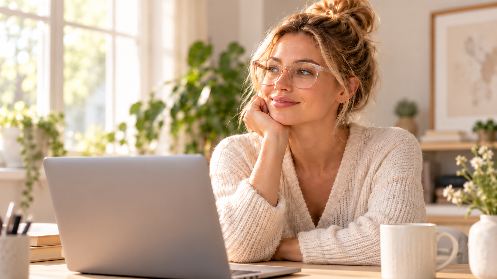 Vrouw met transparante Babsee computerbril achter een laptop