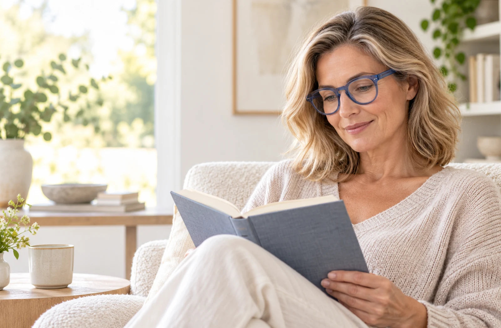Vrouw met blauwe Babsee leesbril die een boek leest
